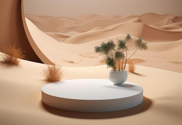 Gratis foto podium op zandvertoning als achtergrond met zonnescherm en schaduw op de achtergrond voor kosmetisch parfum fa