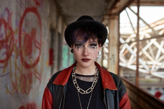 Gratis foto pop punk esthetisch portret van vrouw poseren in gebouw