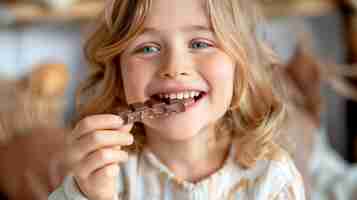 Gratis foto portrait of happy child eating delicious chocolate