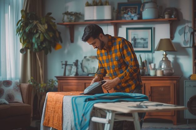 Gratis foto portrait of modern man cleaning and doing household chores