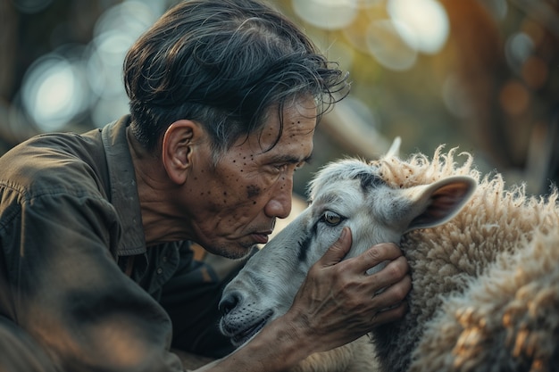 Gratis foto portrait of people in charge of a sheep farm