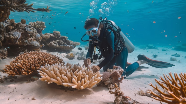 Gratis foto portrait of scuba diver in the sea water with marine life