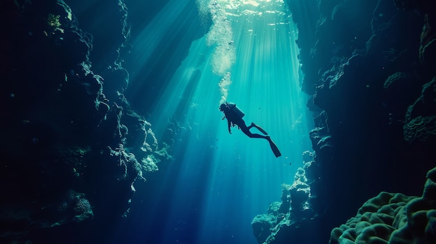 Gratis foto portrait of scuba diver in the sea water with marine life