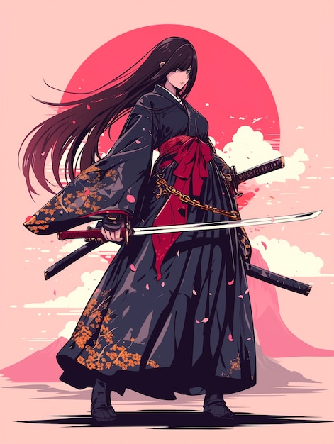 Portret in anime-stijl van een traditioneel Japans samurai-personage