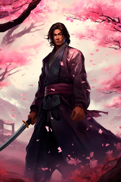 Portret in anime-stijl van een traditioneel Japans samurai-personage