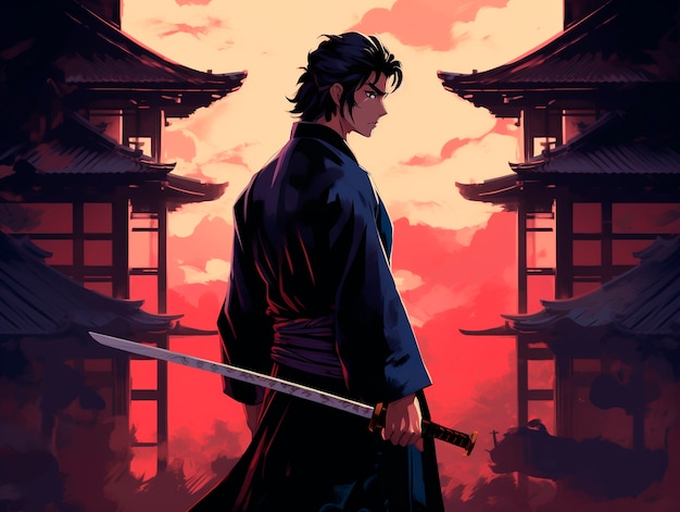 Gratis foto portret in anime-stijl van een traditioneel japans samurai-personage