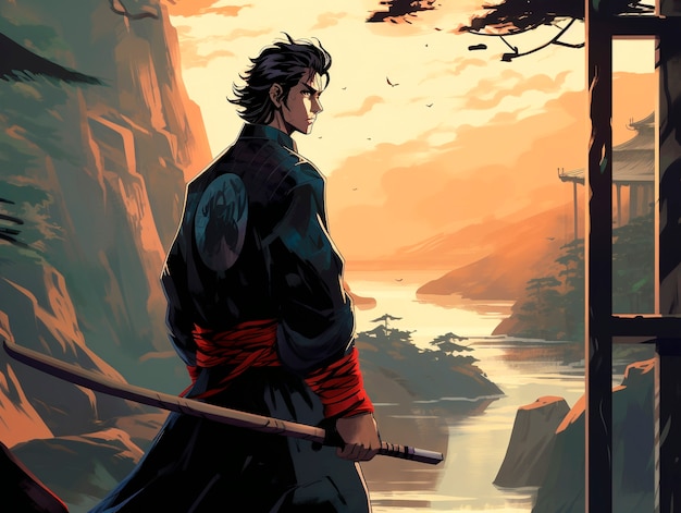 Portret in anime-stijl van een traditioneel Japans samurai-personage