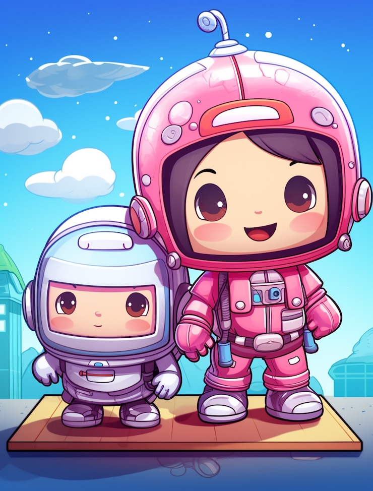 Gratis Foto portret in cartoonstijl van twee kinderastronauten