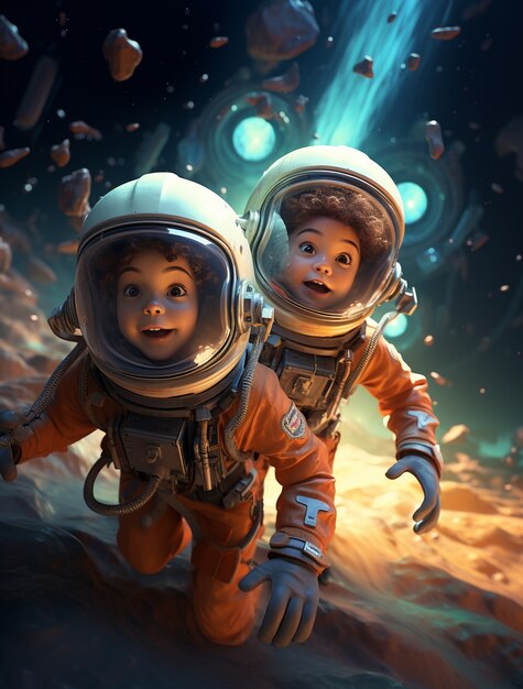 Portret in cartoonstijl van twee kinderastronauten