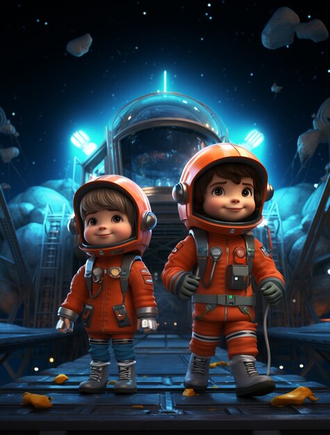 Portret in cartoonstijl van twee kinderastronauten