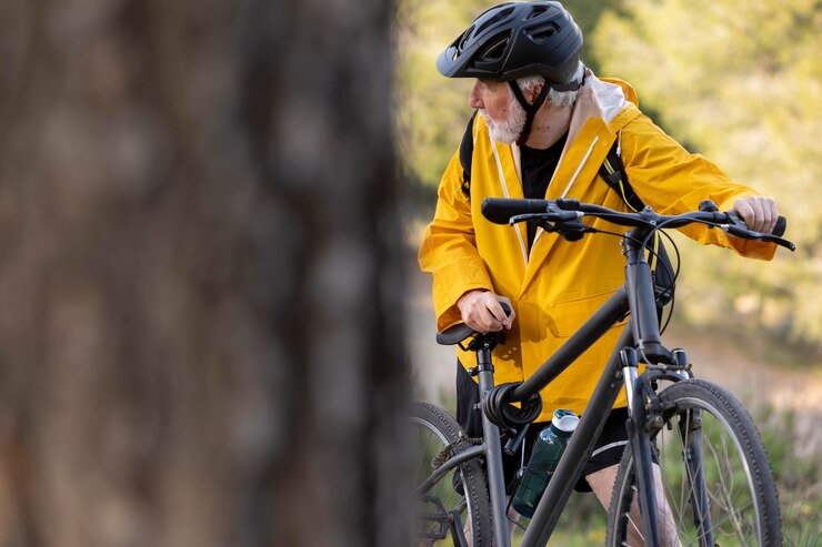 Gratis Foto portret senior man met fiets op berg