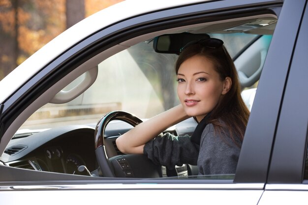 Portret van aantrekkelijke jonge vrouw in de nieuwe auto