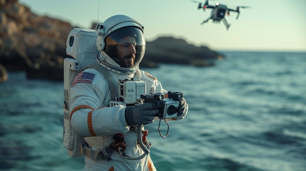 Gratis foto portret van astronaut in ruimtepak met drone