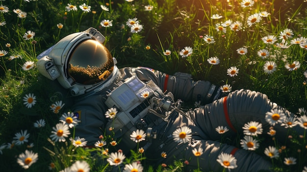 Portret van astronaut in ruimtetuig met bloemen