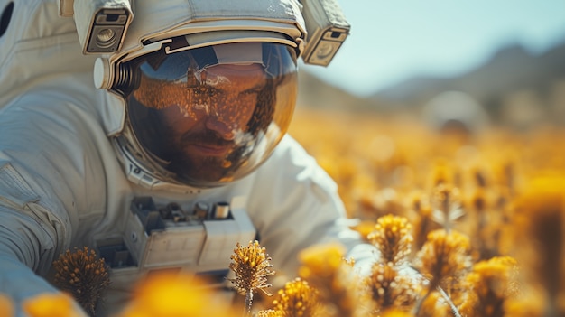 Portret van astronaut in ruimtetuig met bloemen