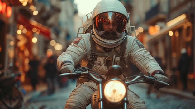 Gratis foto portret van astronaut in ruimtetuig met motorfiets