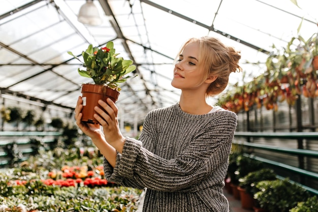 Portret van charmante dame in grijze outfit die met belangstelling naar plant met rode bloemen kijkt Meisje met knot poseert in kas