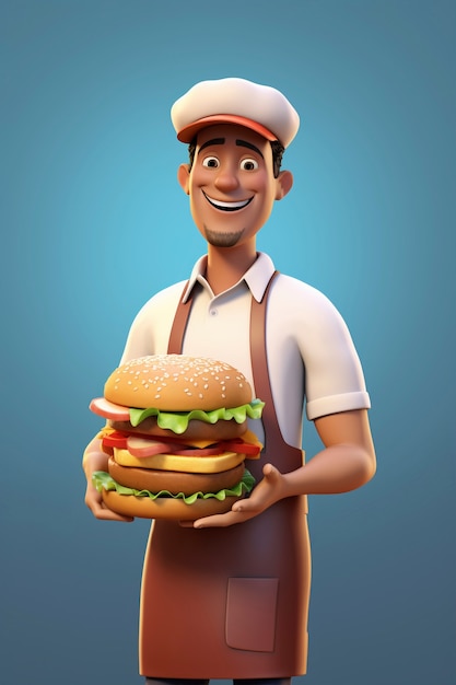 Gratis foto portret van chef-kok of kok die een fastfoodburger vasthoudt