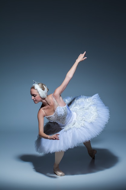 Portret van de ballerina in de rol van een witte zwaan op blauwe achtergrond