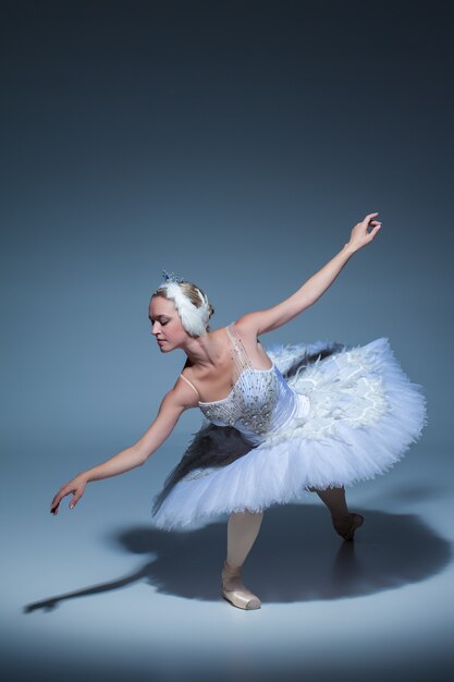 Portret van de ballerina in de rol van een witte zwaan op blauwe achtergrond