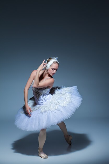 Portret van de ballerina in de rol van een witte zwaan op blauwe achtergrond
