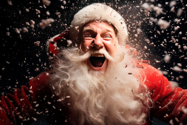 portret van de kerstman die blij schreeuwt terwijl de sneeuw valt