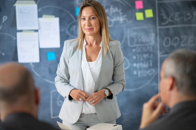 Portret van de vrouwelijke leider van het bedrijf op vergadering. Ernstige vrouw in pak die naar haar collega's luistert, analyseert informatie en bereidt zich voor op het stellen van nieuwe taken en doelen. Business groei strategie concept