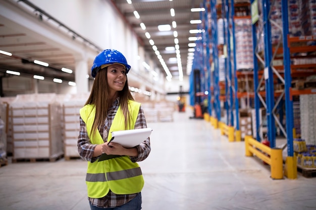 Portret van een aantrekkelijke glimlachende supervisor die van de magazijnmedewerker door de grote afdeling van de fabrieksopslag loopt die naar planken kijkt