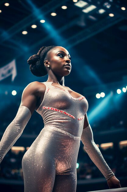 Portret van een Afro-Amerikaanse turnster die zich klaarmaakt voor de competitie