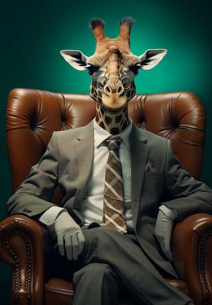 Gratis foto portret van een antropomorfe giraf gekleed in menselijke kleren