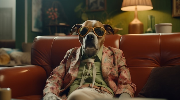 Portret van een antropomorfe hond gekleed in menselijke kleren