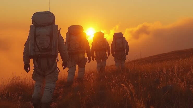 Portret van een astronaut in een ruimtepak die een gewone activiteit in de open lucht doet