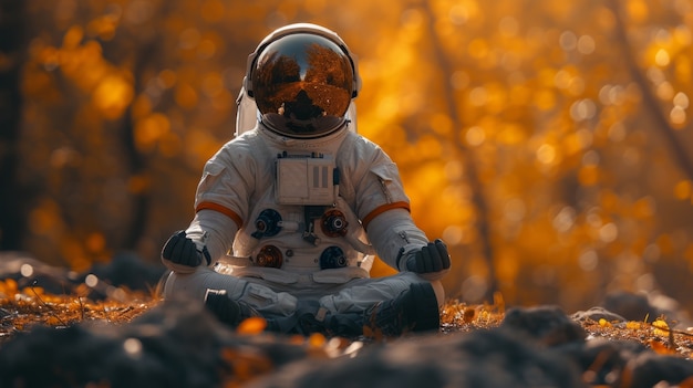 Gratis foto portret van een astronaut in een ruimtepak die een gewone activiteit in de open lucht doet