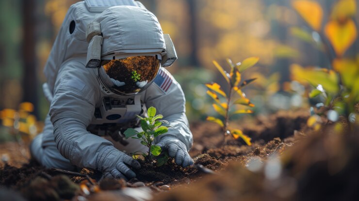 Portret van een astronaut in een ruimtepak die een gewone menselijke activiteit verricht