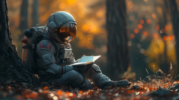 Gratis foto portret van een astronaut in een ruimtepak met een boek