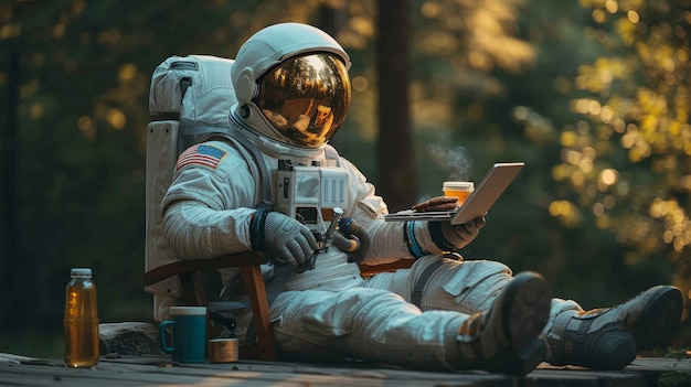 Gratis foto portret van een astronaut in een ruimtepak met een laptop
