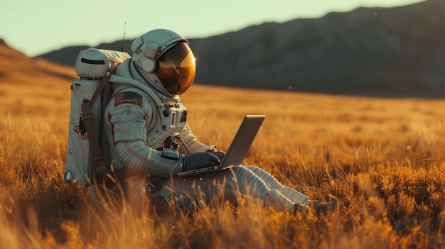 Gratis foto portret van een astronaut in een ruimtepak met een laptop