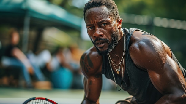 Portret van een atletische mannelijke tennisspeler