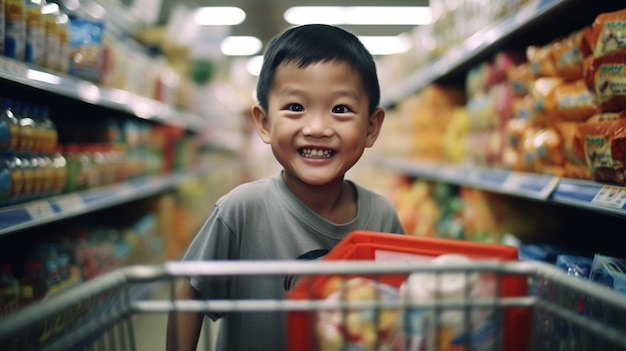 Gratis foto portret van een aziatische jongen in de supermarkt