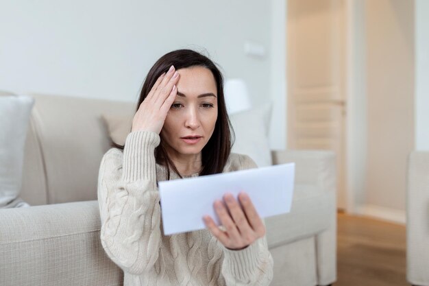 Portret van een bezorgde Aziatische vrouw die thuis naar een ontvangen brief kijkt Mooie vrouw met een bezorgde gezichtsuitdrukking die naar ontvangen post kijkt