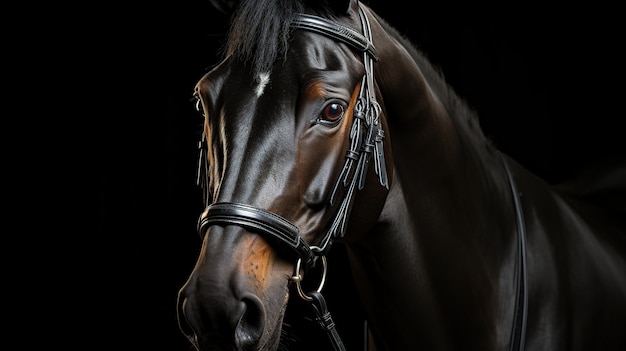 Gratis foto portret van een bruin paard in het hoofdstel op een zwarte achtergrond