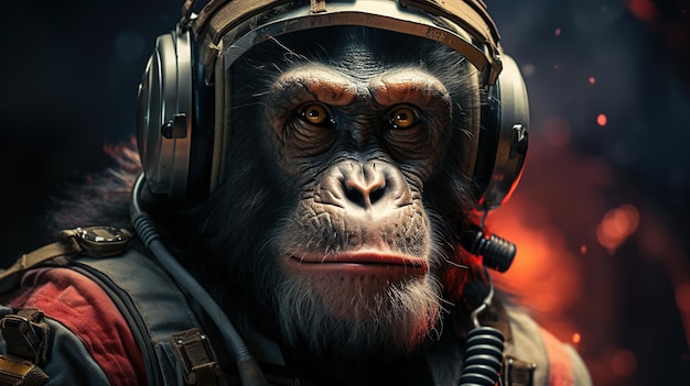 Gratis foto portret van een chimpansee met een astronautenhelm en koptelefoon