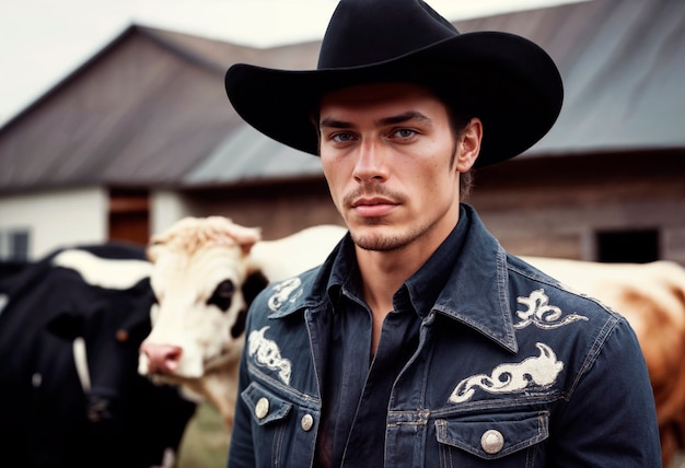 Gratis foto portret van een cowboy met een niet scherpe achtergrond