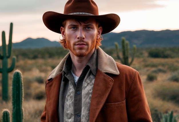 Gratis foto portret van een cowboy met een niet scherpe achtergrond