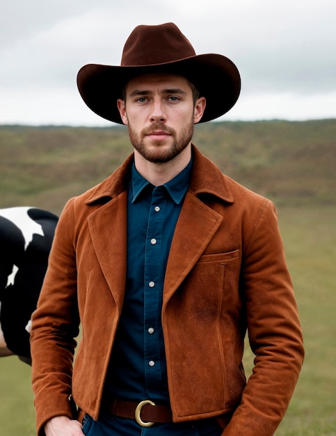 Gratis foto portret van een cowboy met een niet scherpe achtergrond