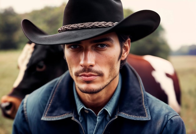 Gratis foto portret van een cowboy met een niet scherpe achtergrond