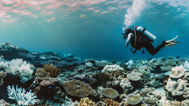 Gratis foto portret van een duiker in het zeewater met zeeleven