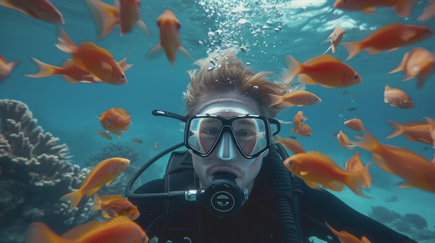 Gratis foto portret van een duiker in het zeewater met zeeleven