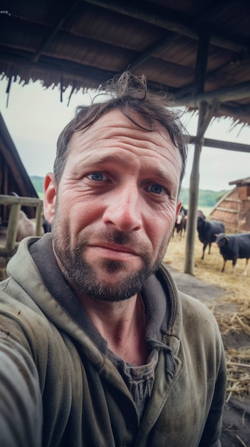 Gratis foto portret van een duizendjarige man die na zijn verhuizing uit de stad op het platteland leeft