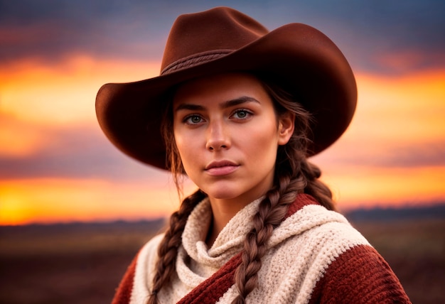 Gratis foto portret van een fotorealistische vrouwelijke cowboy bij zonsondergang